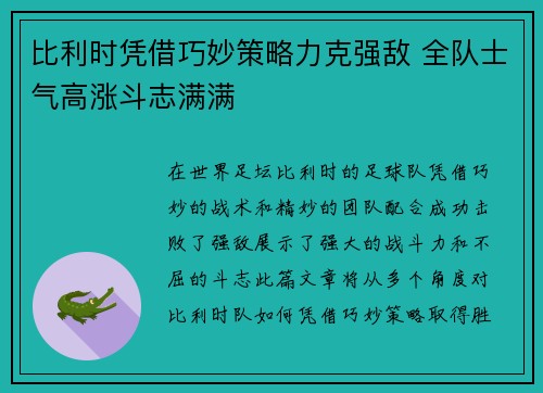 比利时凭借巧妙策略力克强敌 全队士气高涨斗志满满