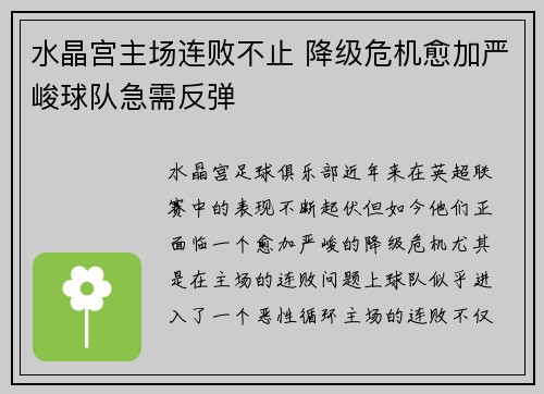水晶宫主场连败不止 降级危机愈加严峻球队急需反弹